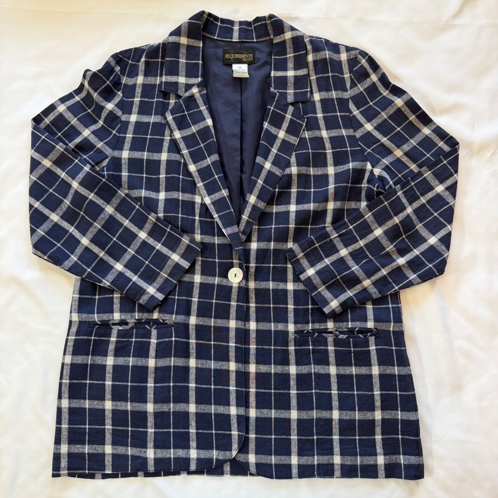 Plaid Linen Blend Blazer Navy Jacket Requirements Size 10P Vintage 90s Preppy